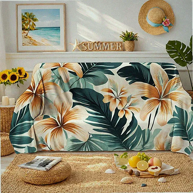Soft Sofa Towel with Tropical Floral and Palm Leaf 2D-Print Couch Blanket