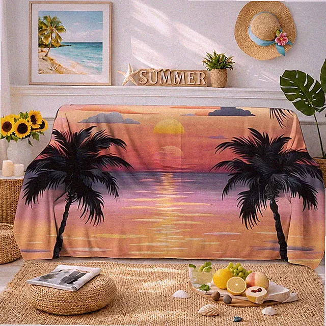 Soft Sofa Towel with Tropical Sunset Palm Tree 2D-Print Couch Blanket