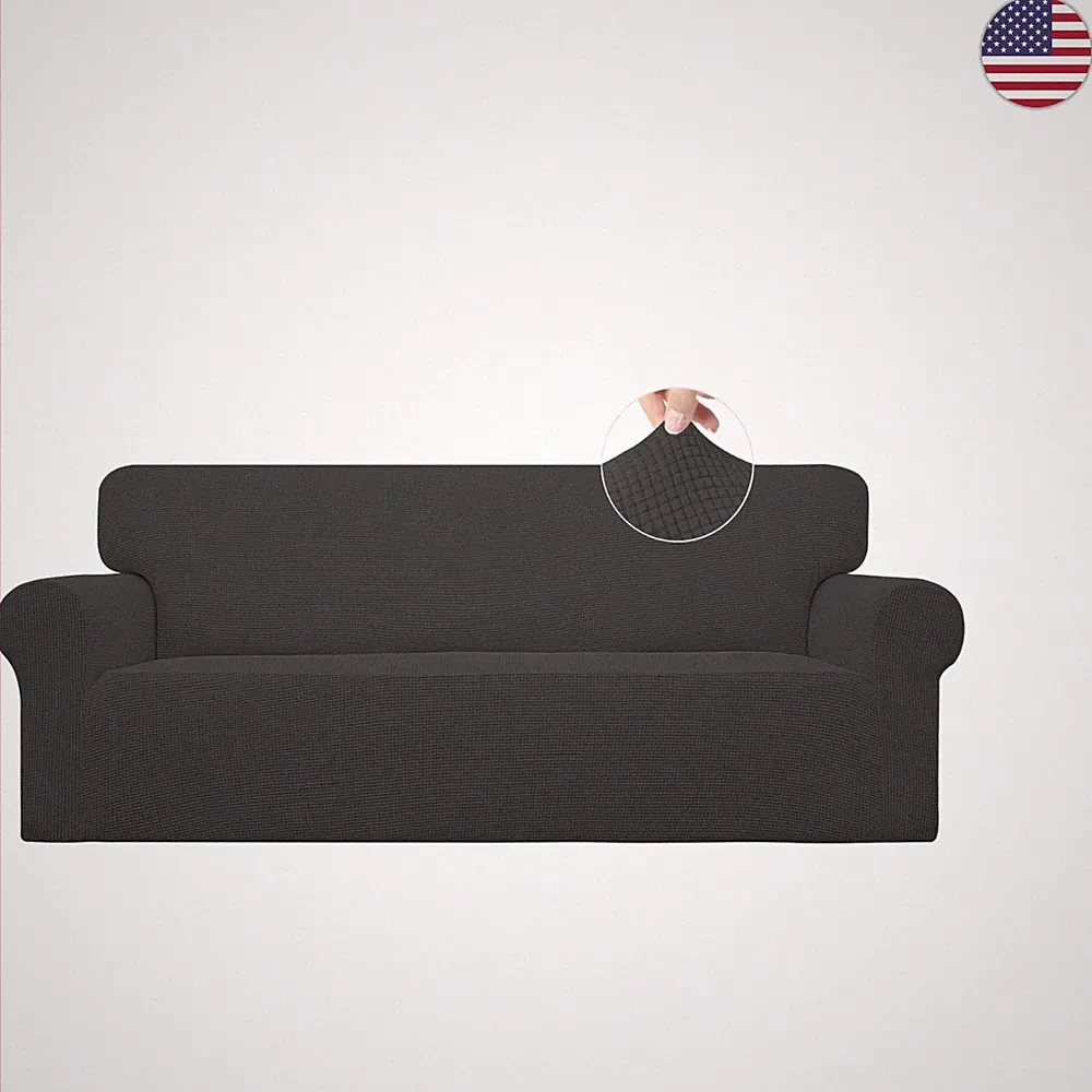 Soft Stretch Couch Cover - Washable Dark Gray 1-Piece Slipcover for Large Sofas
