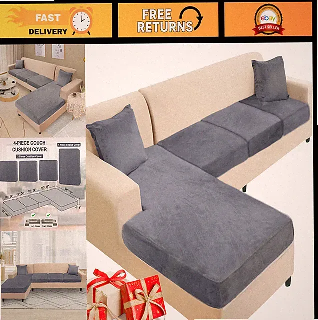 "Soft Stretch Velvet Sectional Couch Cover Set, 4-Piece L-Shaped Slipcovers with