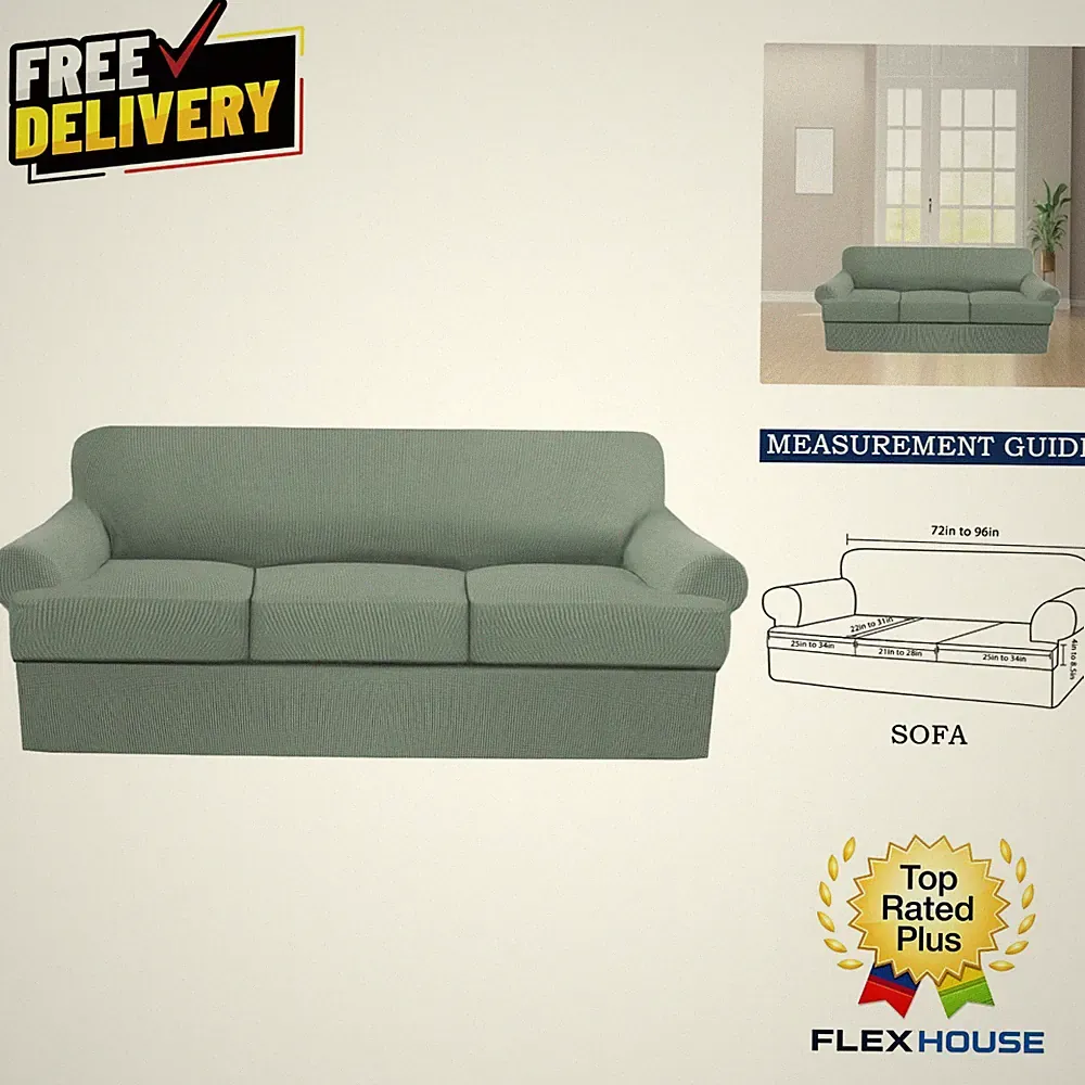 Soft Stretchy T-Cushion Sofa Cover Set - Fits Sofas 72"-90" - Machine Washable