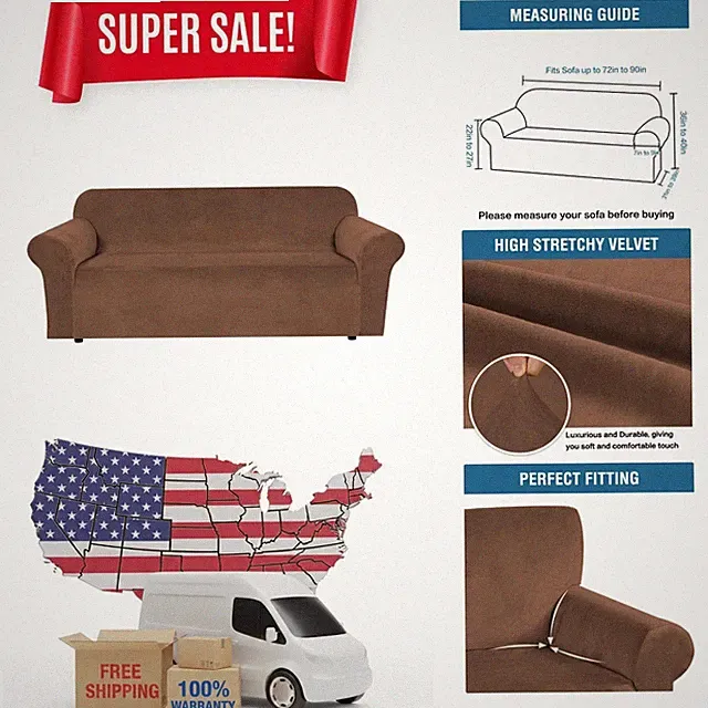 Soft & Stretchy Velvet Slipcover for 3 Cushion Sofa - Caramel Cafe 72"-90"