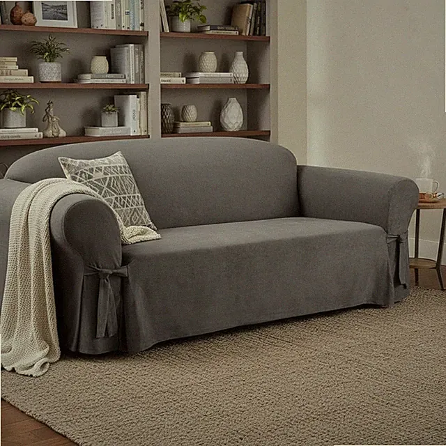 Soft Suede One Piece Slipcover with Ties and Cinched Elastic Seat, Sofa Cover