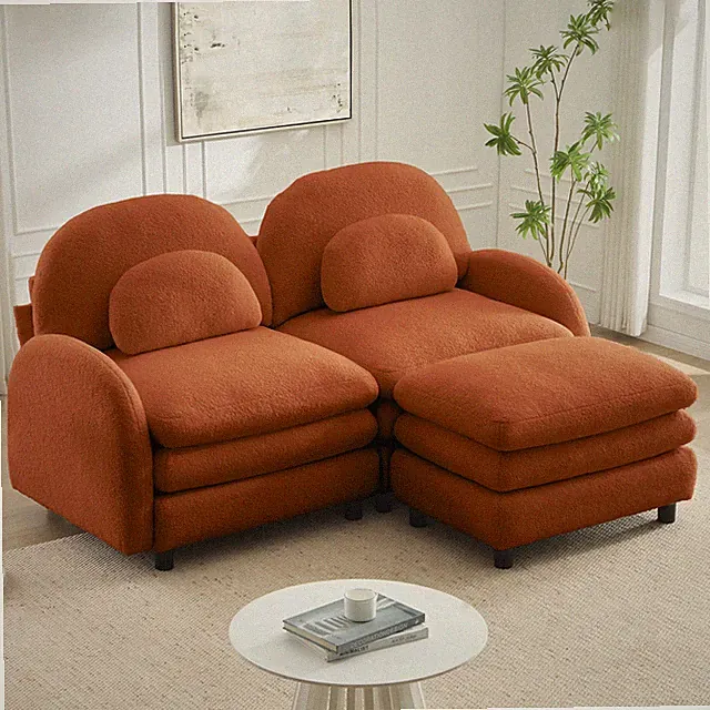 Soft Teddy Fabric Loveseat Sofa w/ Ottoman & Lumbar Pillows, Orange