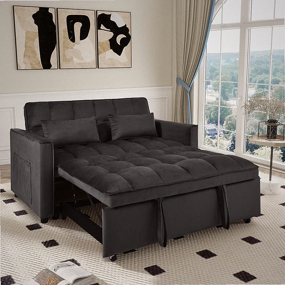 Soft Velvet High Density Foam Sofa Bed Pull Out Couch Bed Metal Frame Wood Legs