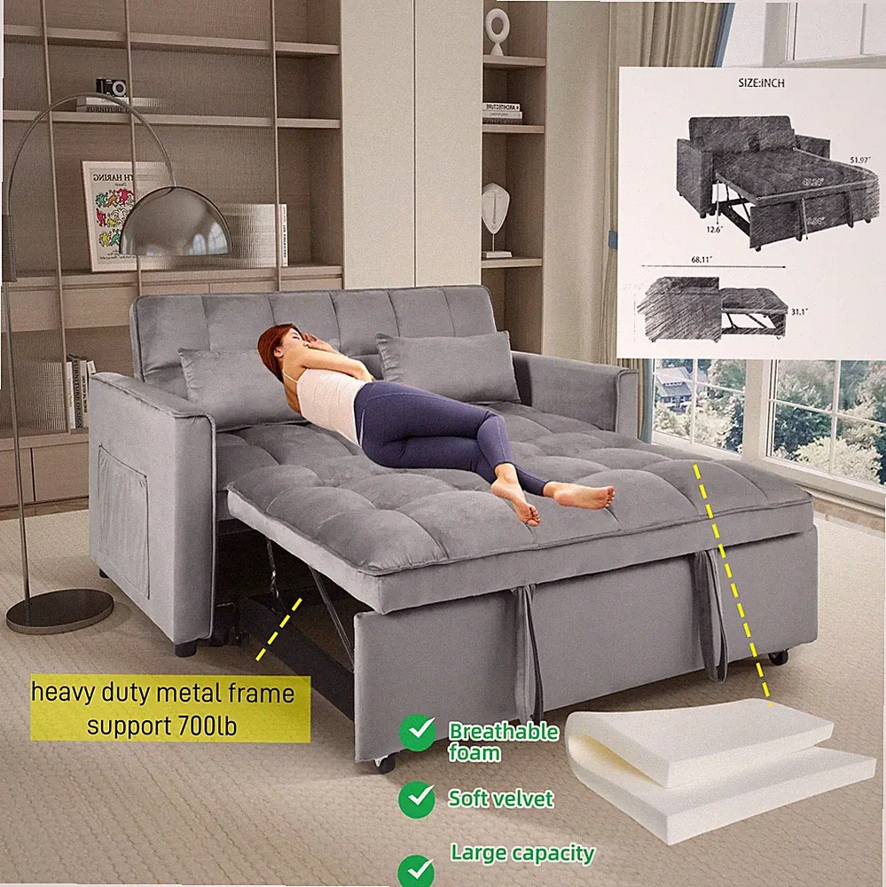 Soft Velvet High Density Foam Sofa Bed Pull Out Couch Bed Metal Frame Wooden Leg