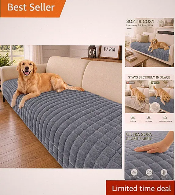 Soft Velvet Pet Sofa Protector - Machine Washable & Anti-Slip Design, Grey