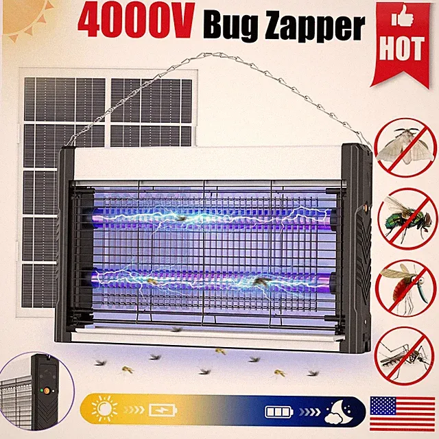 Solar Bug Zapper Outdoor, USB Rechargeable UV Mosquito Zapper，7.5W Solar Panel，e