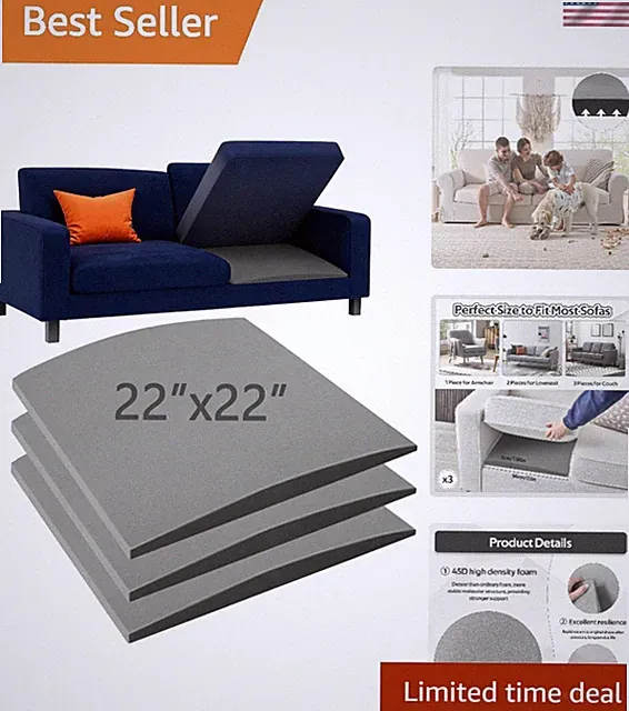 Soleey 3 Pcs 45D Couch Cushion Support for Sagging Seat 22 * 22 * 2 Inches, G...