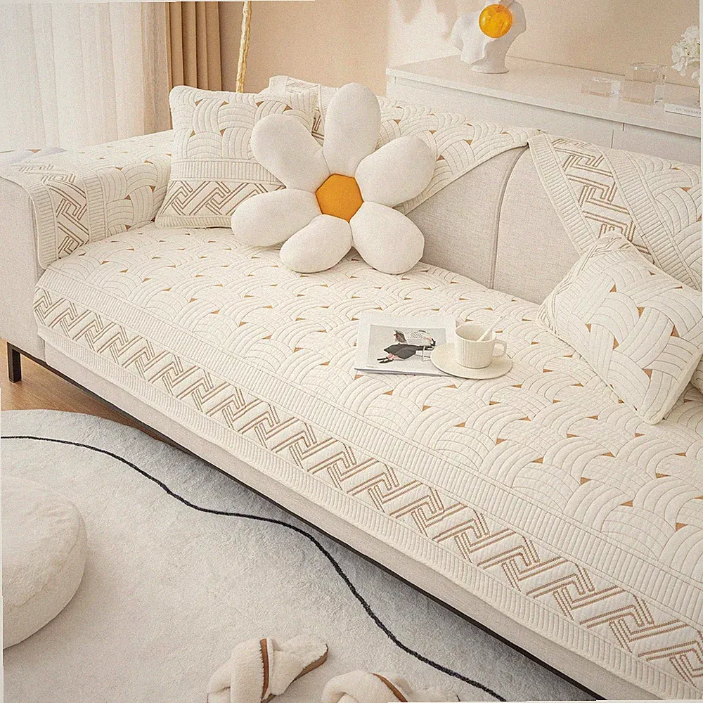 Solid Color Cotton Quilted Sofa Couch Cover Weave Pattern Soft Sectional Couc...