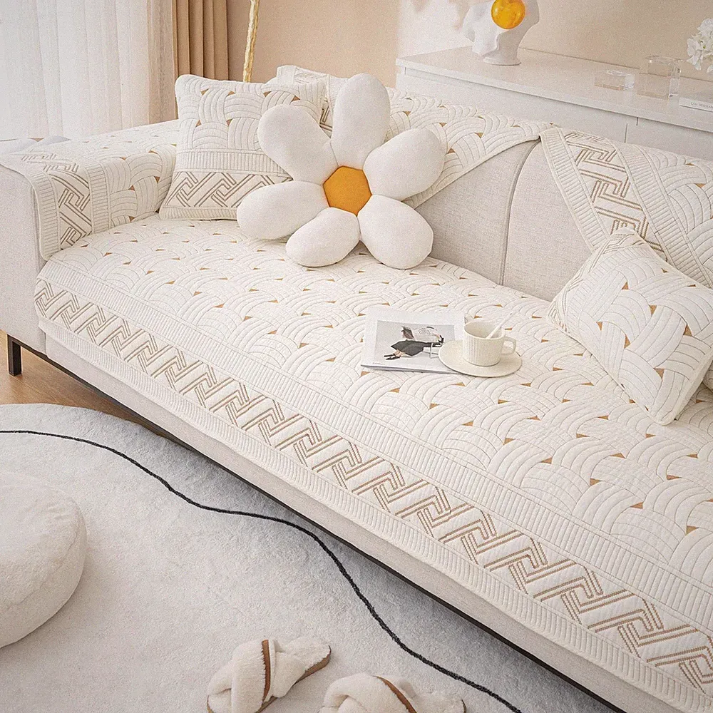 Solid Color Cotton Quilted Sofa Couch Cover Weave Pattern Soft Sectional Couc...