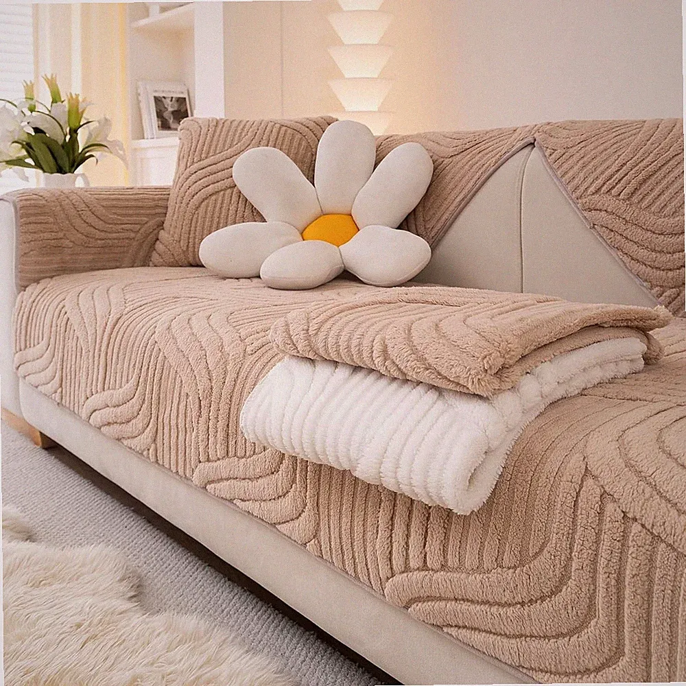Solid Soft Couch Cover Washable, Non Slip Plush Sectional Sofa Covers for 3
