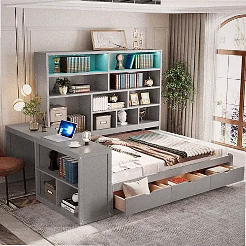Solid Wood Daybed with Storage Bookshelves Drawer & Desk Full Size Sofa Bed LED