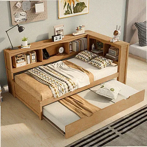 Solid Wood Daybed with Trundle Storage Bookcases Twin Size Sofa Bed Platform Bed
