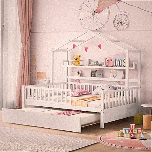 Solid Wood House Bed with Trundle Storage Shelves Twin/Full Size Daybed Sofa Bed