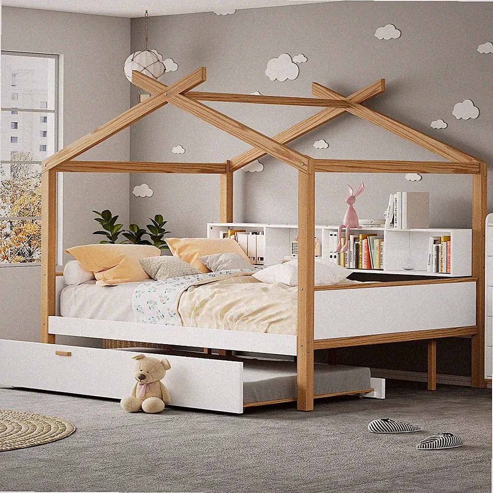 Solid Wood House Bed with Trundle Storage Shelves Twin/Full Size Daybed Sofa Bed
