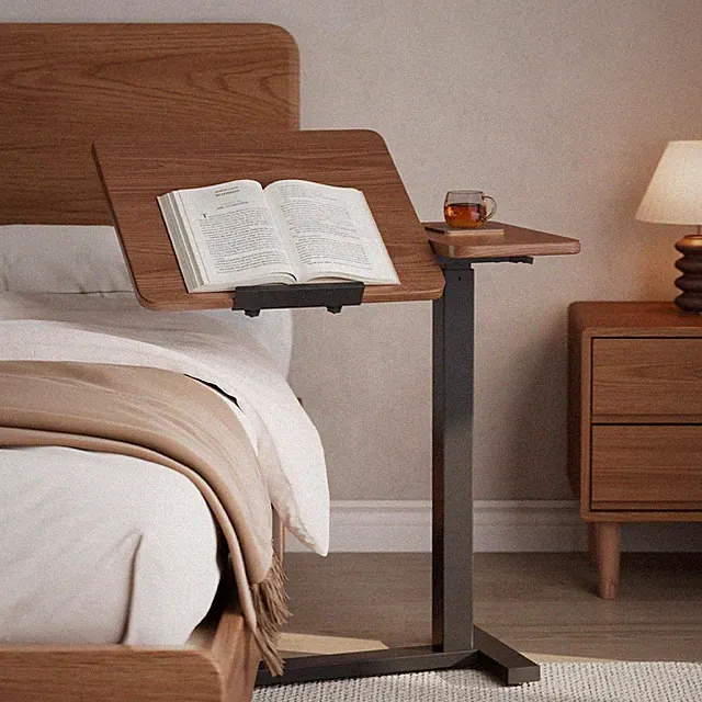 Solid Wood Overbed Bedside Table with Wheels, Tilting Adjustable Hospital Bed...