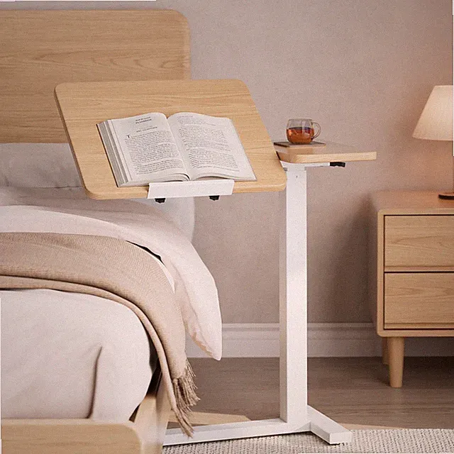 Solid Wood Overbed Bedside Table with Wheels, Tilting Adjustable Hospital Bed...