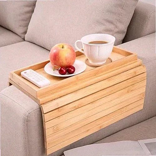 Solid Wood Sofa Armrest Tray with Beech Wood Coaster Set, Flexible Couch Arm