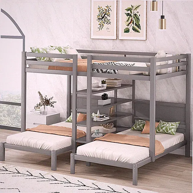 Solid Wood Triple Bunk Bed w/ Bookshelves Platform Bed Frames Guest Bed Sofa Bed