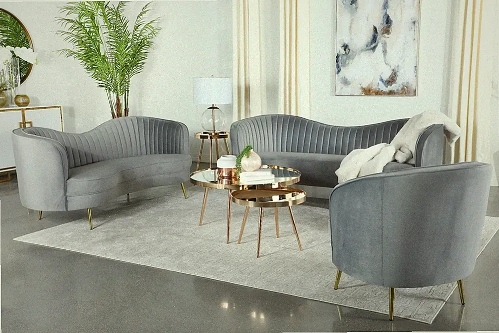 Sophia 3pc Art Deco Curved Sofa Set Couch Loveseat Chair Gray Velvet 506864-S3