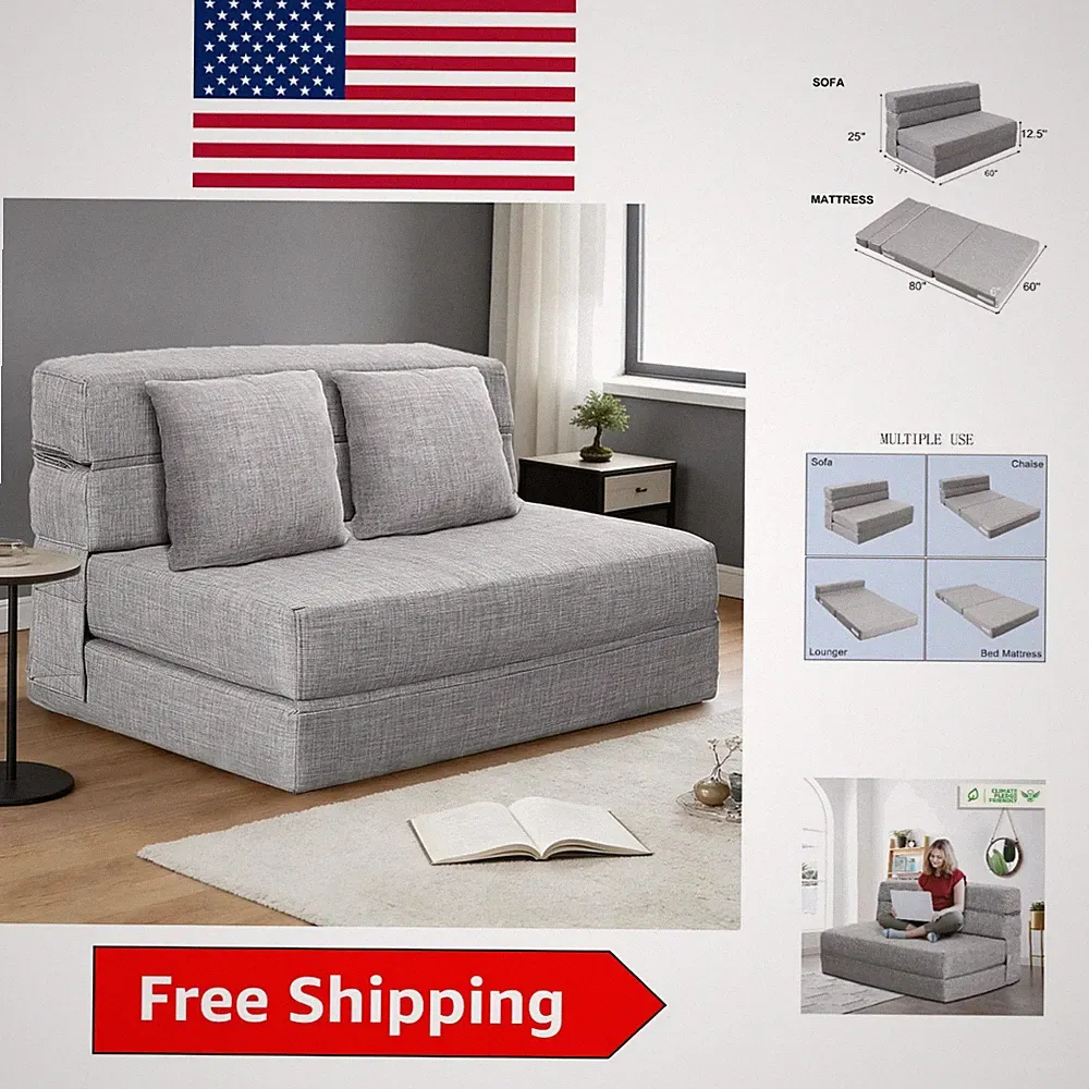Space-Saving 60" Folding Sofa Bed - Ergonomic Design & 2 Pillows in Light Gray