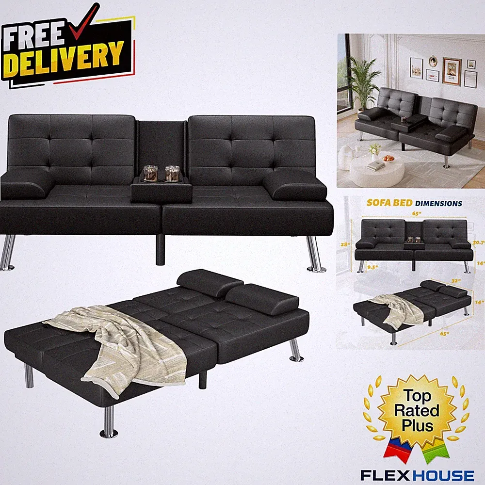 Space-Saving Black Leather Sofa Bed for Living Room & Office | Easy Assembly