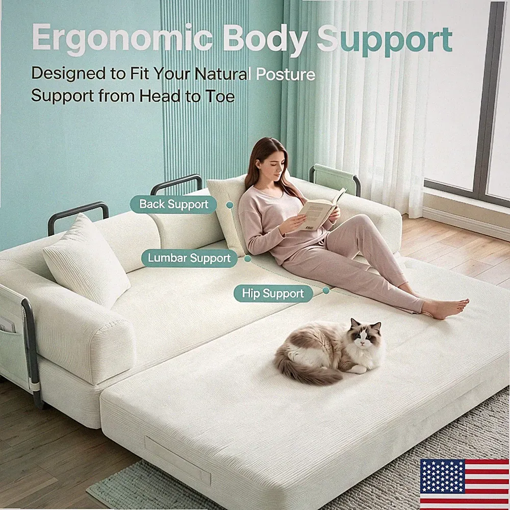 Space-Saving Sofa Bed Couch Sleeper Convertible Pull-Out Bed W/ Side Pockets New