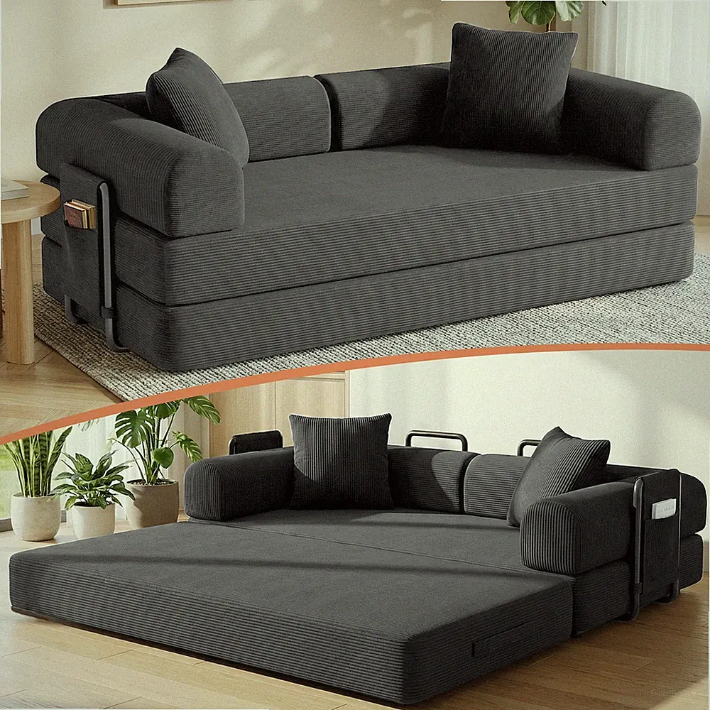 Space-Saving Sofa Bed Couch Sleeper Convertible Pull-Out Bed With Side Pockets