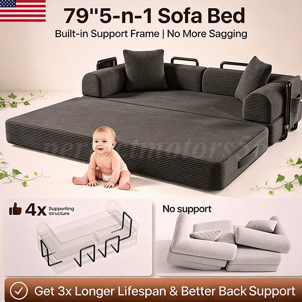 Space-Saving Sofa Bed Couch Sleeper Convertible Pull-Out Bed With Side Pockets