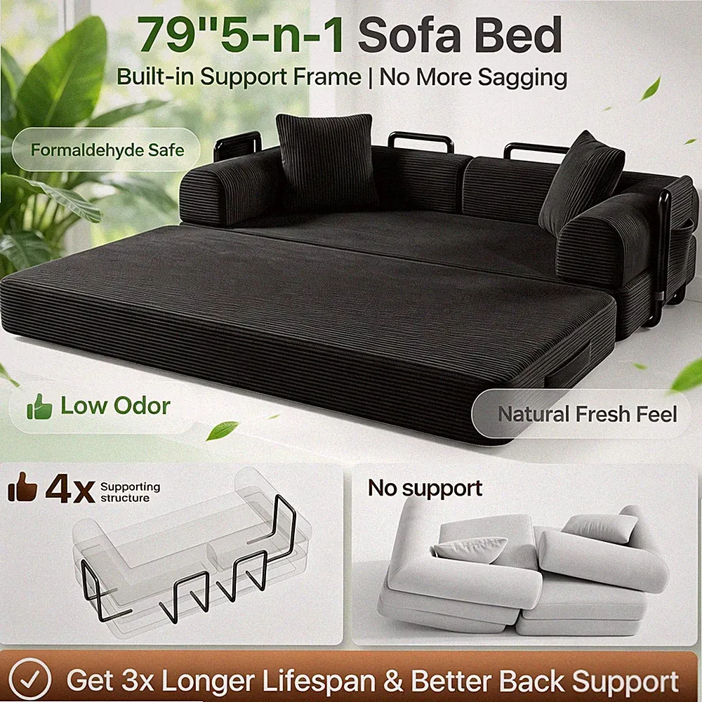 Space-Saving Sofa Bed Couch Sleeper Convertible Pull-Out Bed With Side Pockets