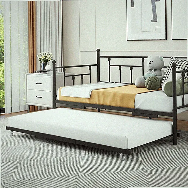 Space-Saving Twin Daybed with Trundle - Stylish Black Sofa Bed for Guests