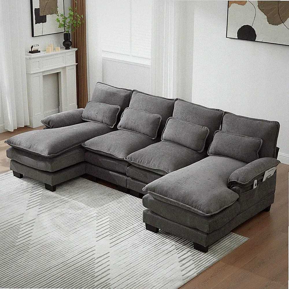 Spacious 108" U-Shaped Sectional Sofa with Chaise, Pillows & Side Pockets