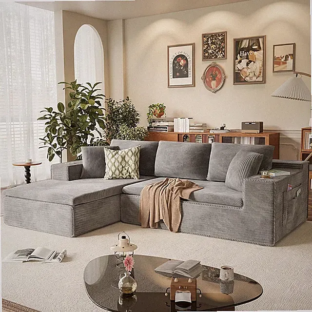Spacious 109" Gray Modular Couch with Memory Foam & Built-in Cup Holders