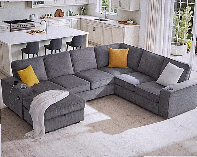 Spacious 112" U-Shaped Couch with Storage, USB Ports & Cup Holders - Grey