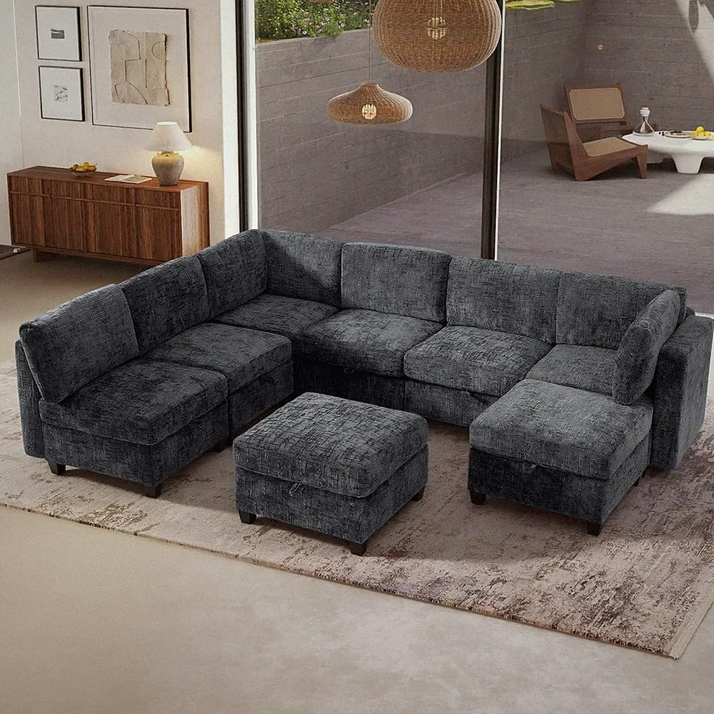 Spacious 128" Grey Cloud Modular Sectional Sofa with Chaise & Ottoman