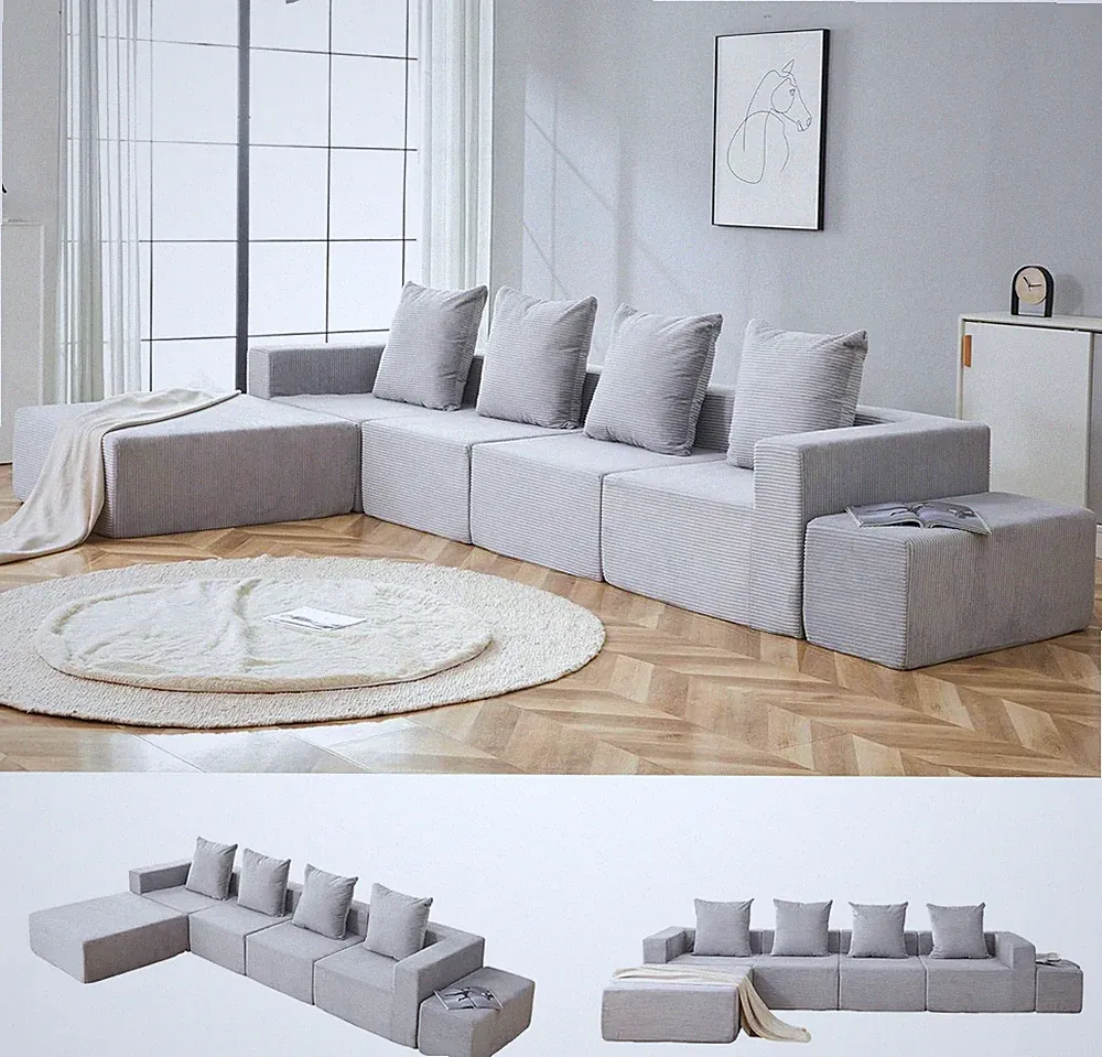 Spacious 4-Seat Modular Sectional Sofa with Chaise & Ottomans for Living Room