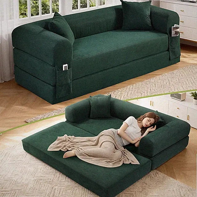 Spacious 80" Dark Green Sofa Bed with Pillows & Storage Pocket