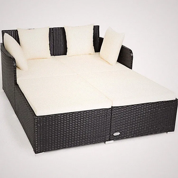 Spacious Outdoor Padded Rattan Daybed Patio Rattan Sofa Bed W/Cushions & Pillows