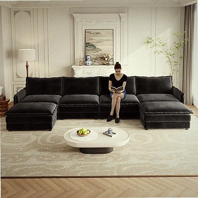 Spacious U-Shaped Modular Sectional Sofa with Ottomans - Black