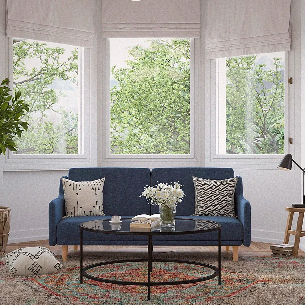 Split Back Futon Sofa with Curved Arms and Solid Wood Legs- Navy Faux Linen