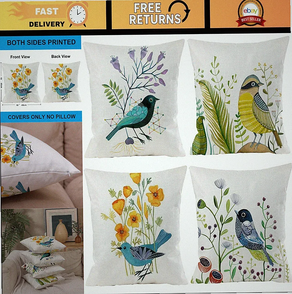 Spring Bird Decorative Pillow Covers - Floral Throw Cushion Cases for Sofa, Bed