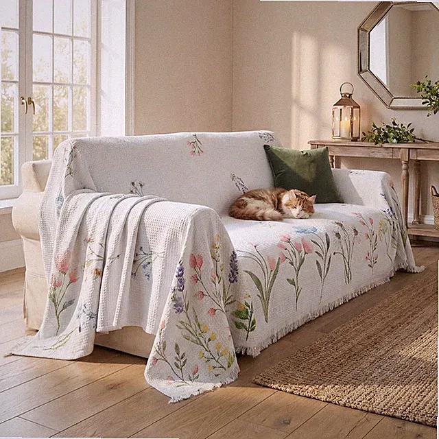 Spring Summer Waffle Couch Sofa Slip Cover, Watercolor Wild Blooming Floral N...