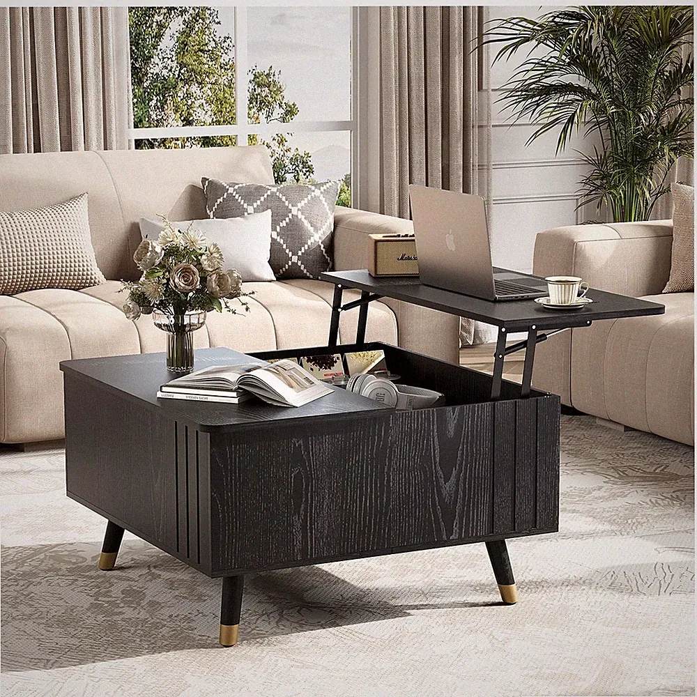 Square Lifting Top Coffee Table Mid Century Modern Hidden Storage Oak Wood Legs