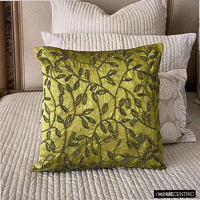 Square Sofa Pillow Case Green 16"x16", Bed Decor Silk Leaf Beaded - Tropical