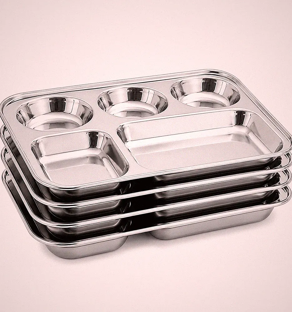 Stainless Steel 5 Section Dinner Plate Set of 4 | Compartment Thali Plates