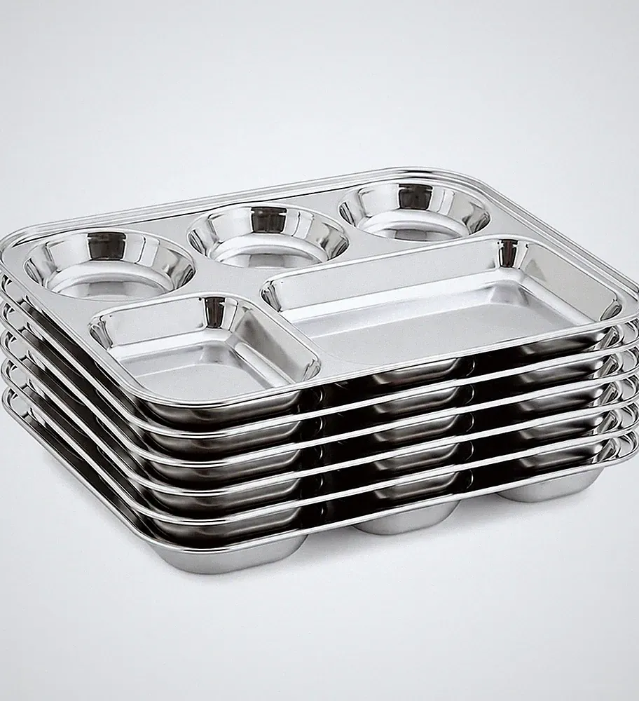 Stainless Steel 5 Section Dinner Plate Set of 6 | Compartment Thali Plates
