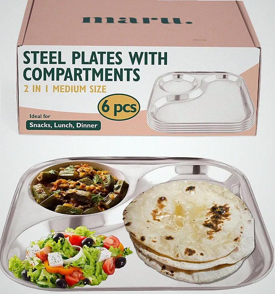 Stainless Steel Dinner Plates with 2In1 Compartment Section Set of 6, Durable &