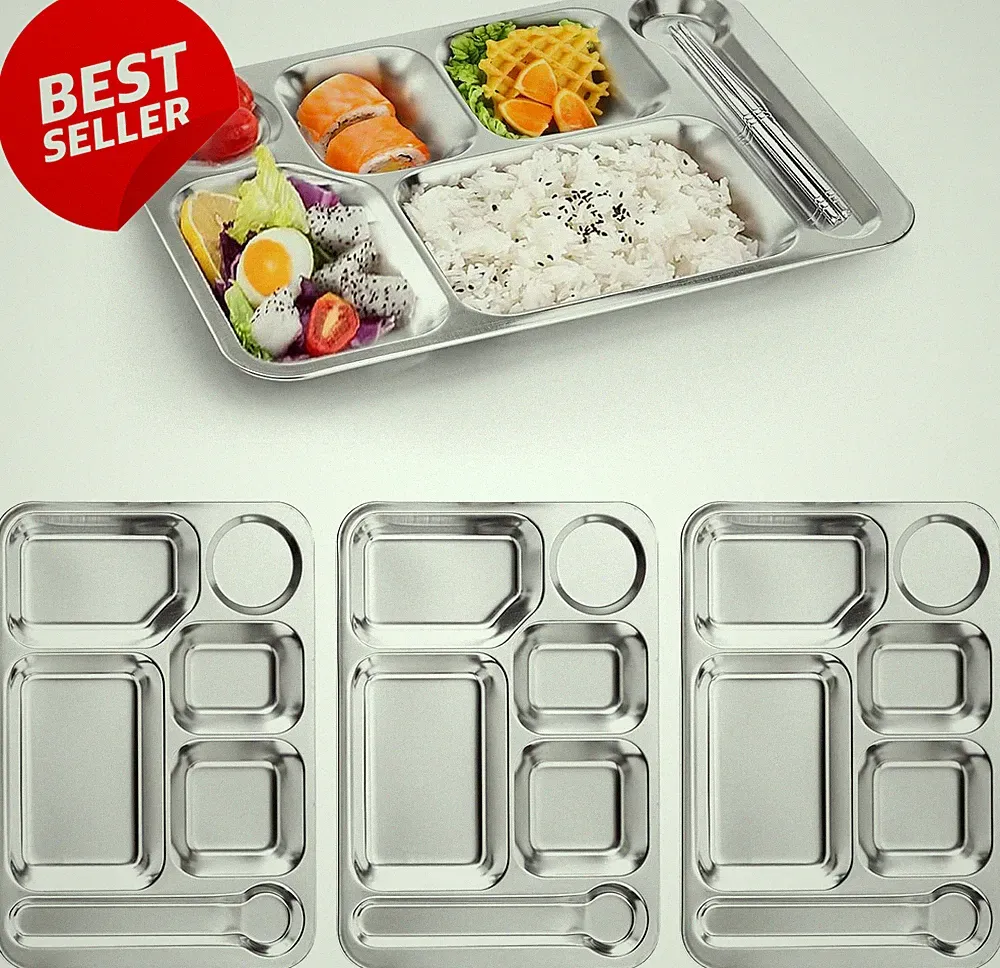 Stainless Steel Divided Dinner Tray 4 Pack 6 Section Metal Plates Adults - US