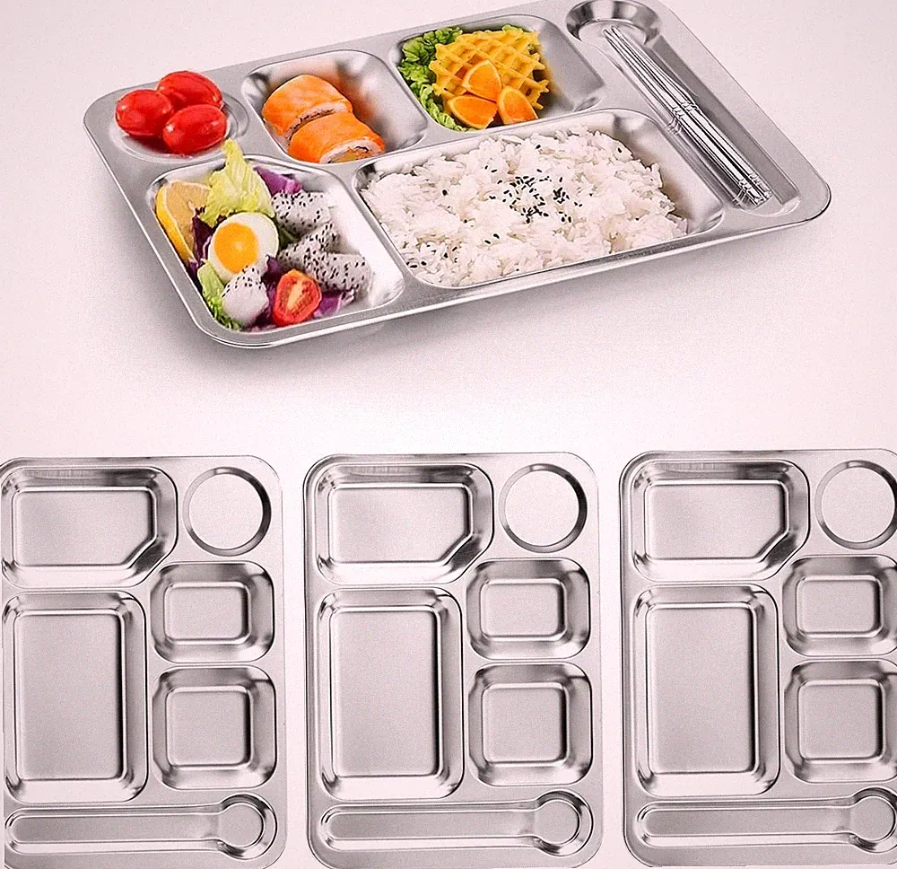 Stainless Steel Divided Dinner Tray 4 Pack 6 Section Metal Plates Adults - US